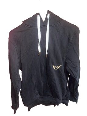 Men's Black Pullover Hoodie with White Drawstrings and Gold Chest Emblem